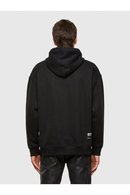 Back view: black zip-front hoodie with drawstring hood and D78 side print.
