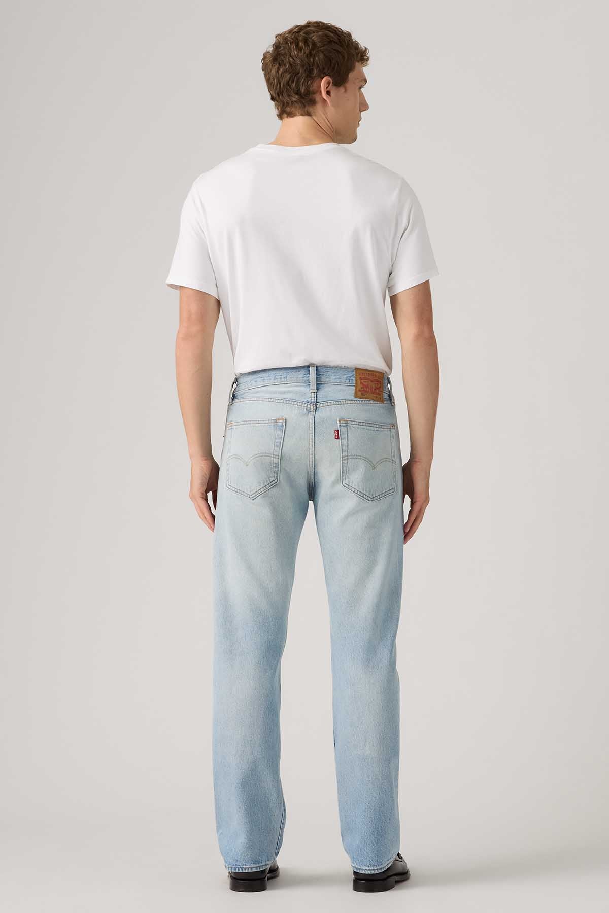 Levi's light blue denim jeans back view, straight legs, five-pocket design