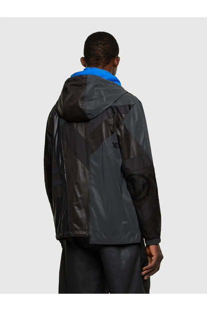 Black hooded wind jacket back view with blue hood edge