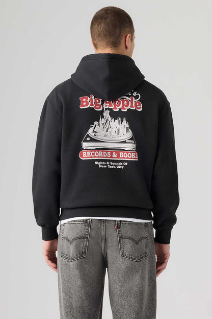 Black back Levi's hoodie with Big Apple Records & Books graphic