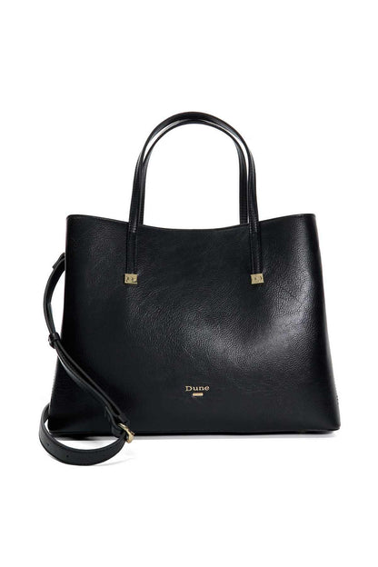 Black leather tote bag with detachable crossbody strap and gold-tone hardware
