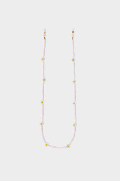 Pastel multi bead necklace on pink cord, gold-tone ends and bead pattern