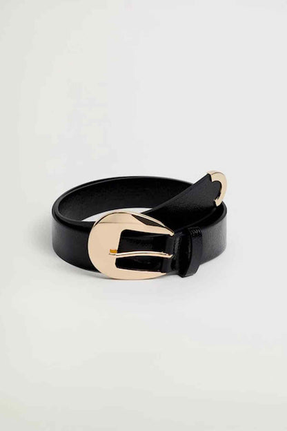 Black leather belt with gold-tone oval buckle and single-prong closure
