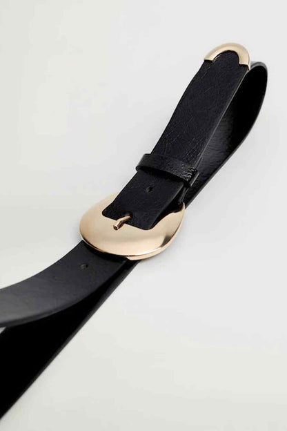Black leather belt with gold-tone oval buckle, folded end and prong