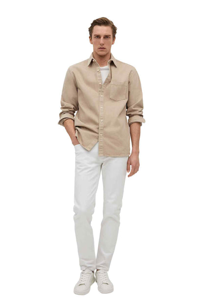 Beige men’s button-up shirt with long sleeves, point collar, and chest pocket.
