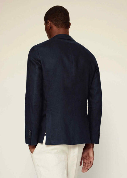 MANGO dark navy blazer jacket back view, single-breasted with center seam