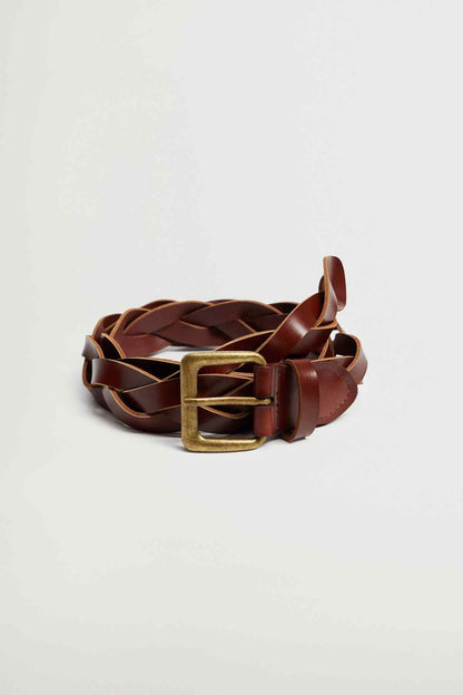 MANGO brown braided leather belt with gold buckle centerpiece