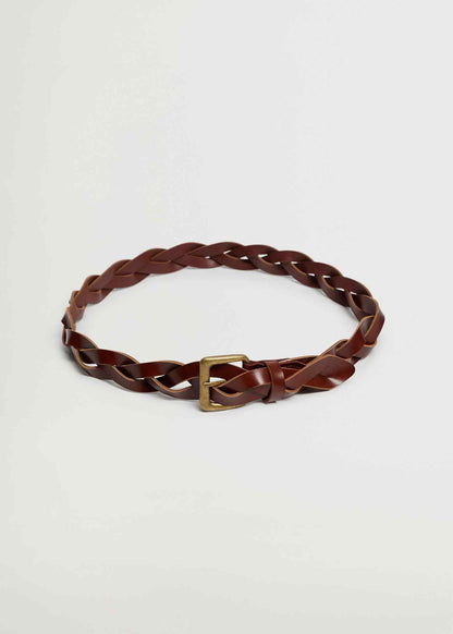 MANGO brown braided leather belt with rectangular gold buckle