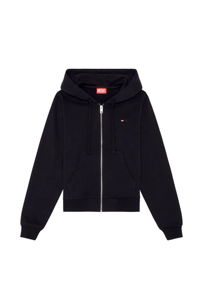 Black zip-up hoodie with hood and front zipper; cropped view showing drawstrings