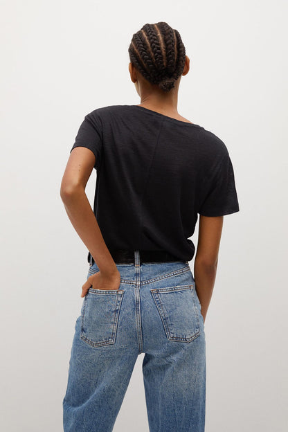 Black V-neck short-sleeve T-shirt, back view