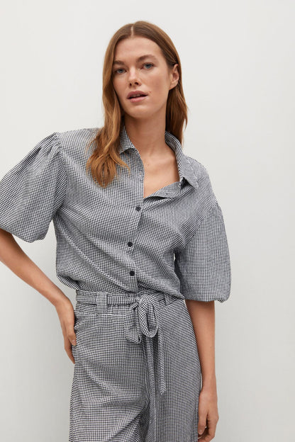 Black-and-white check short-sleeve button-front belted playsuit