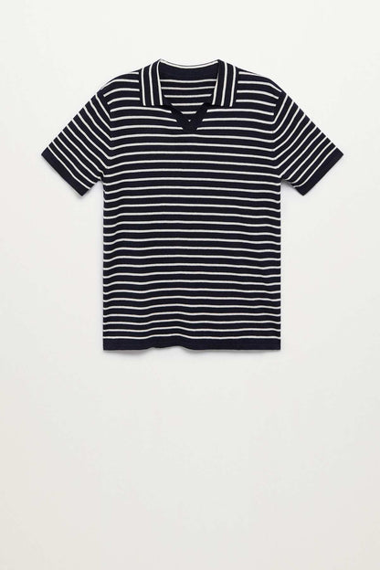 MANGO navy striped knit polo shirt with ribbed V-neck collar