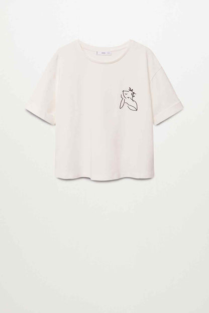 MANGO white graphic T-shirt with line-drawn figure on chest