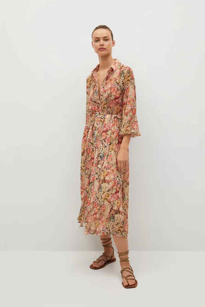 Coral floral midi dress with v-neck and long sleeves, cinched waist