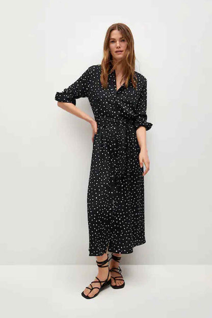 Black speckled button-front midi dress with gathered skirt and belt