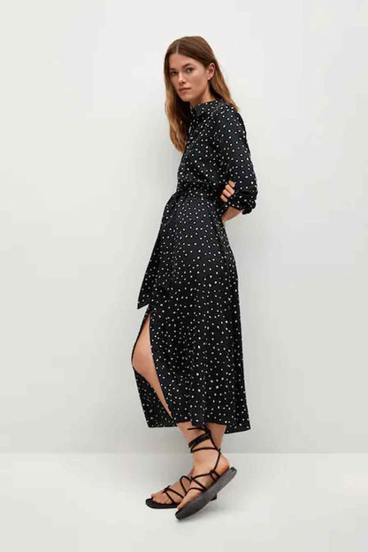 Black midi dress with tiny white speckles, button-front and side slit