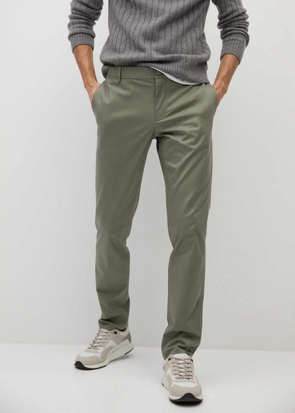 Khaki chino pants with belt loops, button closure, and slanted side pockets.