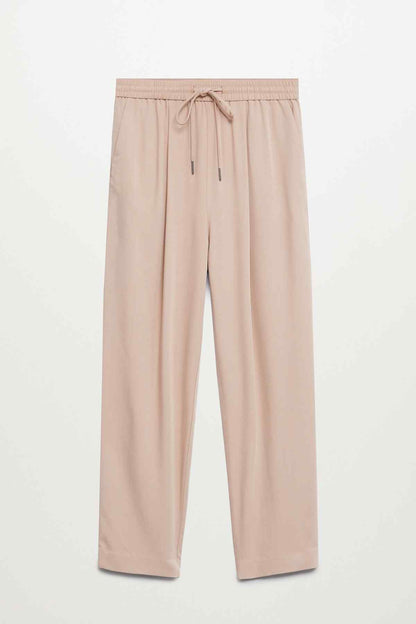 Pastel pink drawstring sweatpants with elastic waistband, relaxed straight legs