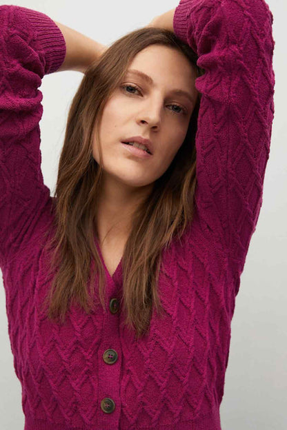 MANGO fuchsia textured knit cardigan close-up of V-neck and buttons