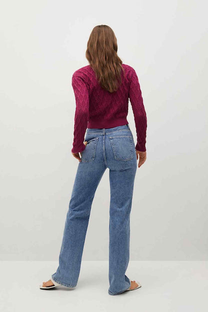 MANGO fuchsia textured knit cardigan back view with V-neck buttons