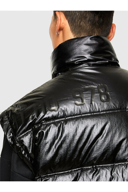 Men's black puffer jacket back with raised logo detail near shoulder