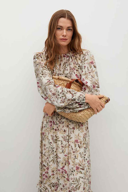 Ecru floral midi dress with long sleeves and ruffled neckline, gathered waist