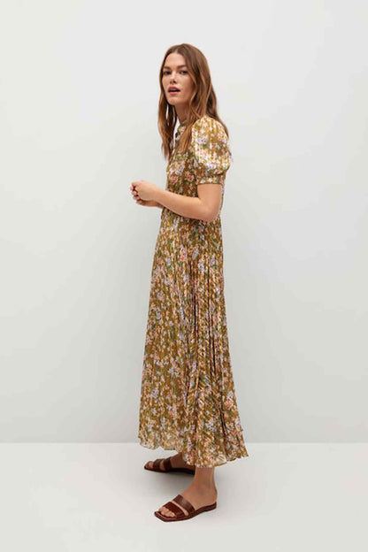 Ochre floral midi dress with short puff sleeves and V-neck, full length