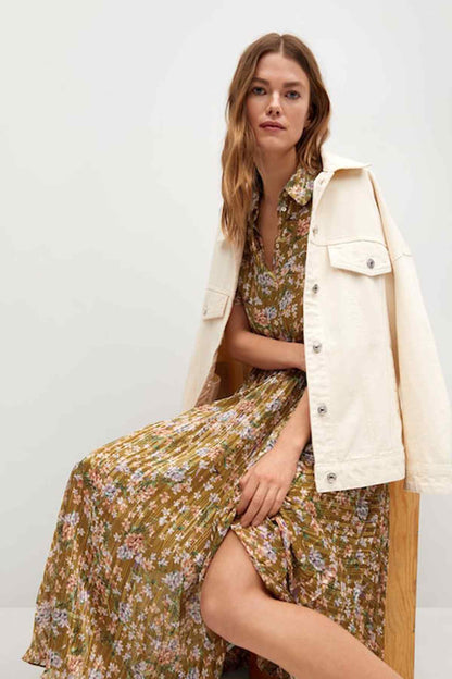 Ochre floral midi dress with V-neck and short puff sleeves, front slit