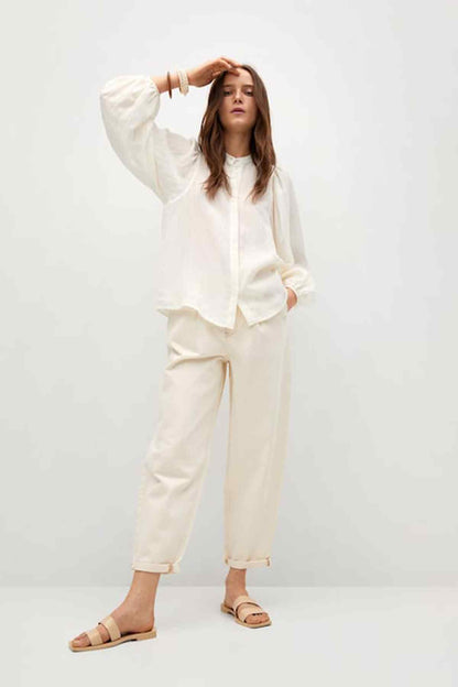 Ecru shirt and trousers set with long sleeves and button placket