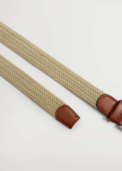 Beige woven belt straps with brown leather end tabs