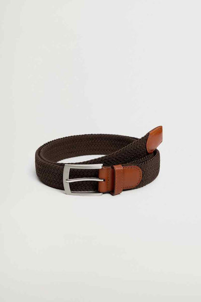 Brown woven belt with silver buckle and tan leather keeper
