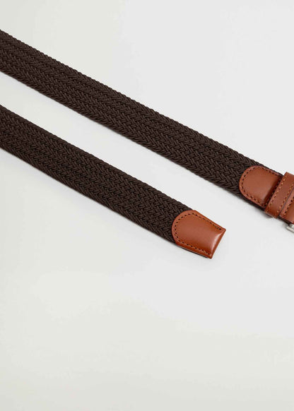 Brown woven belt strap with tan leather edge tabs