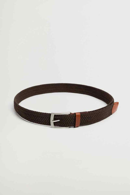 Brown woven belt with silver pin buckle and tan leather tab