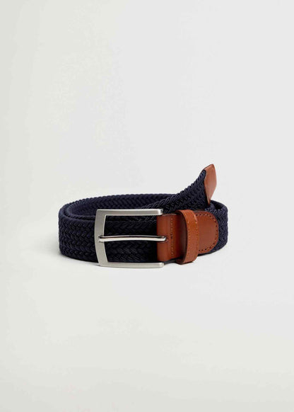 Dark navy woven belt with silver buckle and brown leather keeper