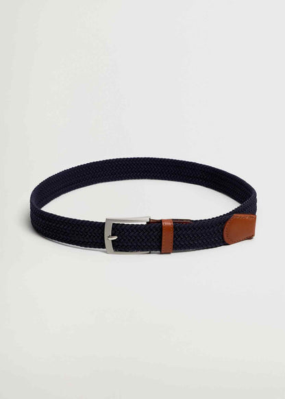 Dark navy woven belt with brown leather strap and silver buckle