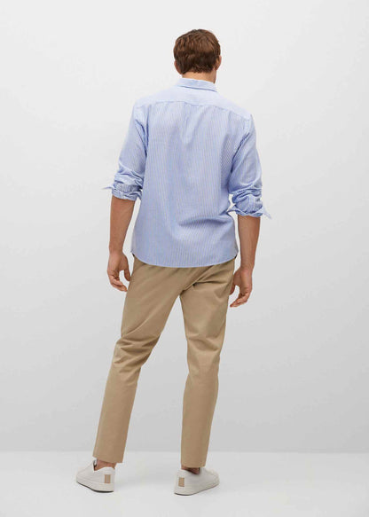 Men's blue striped button-up shirt, back view, long sleeves and button cuffs