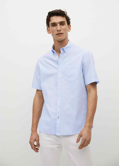 Men's sky blue short-sleeve button-up shirt with chest pocket and pointed collar