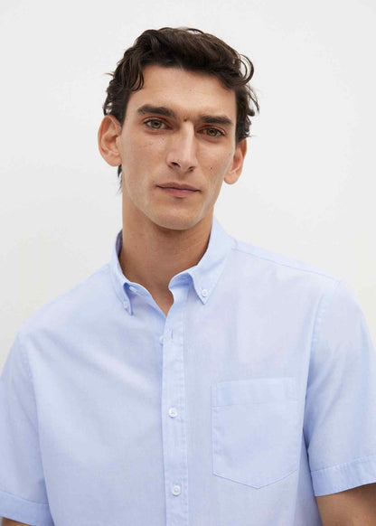 Men's sky blue short-sleeve button-up shirt with chest pocket and front buttons