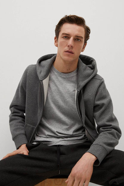 Mango light heather grey zip-up hoodie with drawstring hood, front close-up