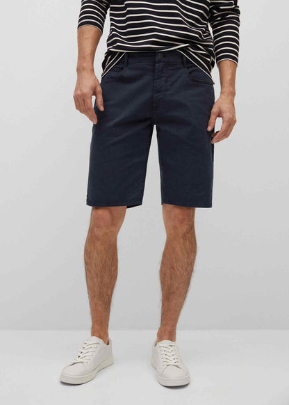 Dark navy denim shorts, mid-thigh length with front button and pockets