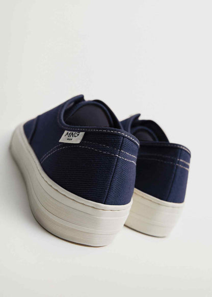 MANGO blue low-top sneakers, back view with heel tab and white rubber sole