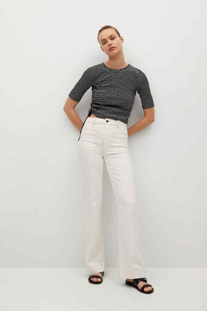 Black-and-white striped cropped T-shirt with short sleeves, relaxed fit