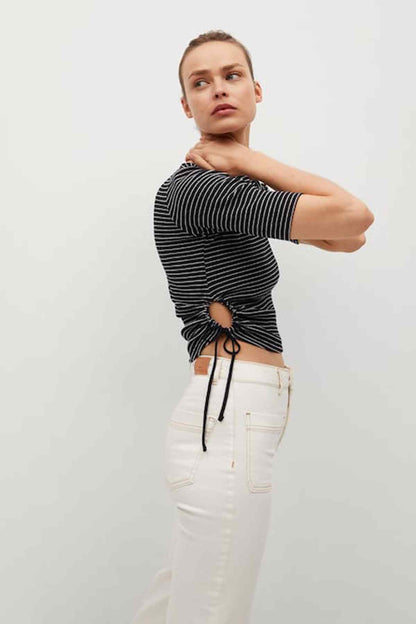 Black-and-white striped cropped T-shirt with side drawstring at hem