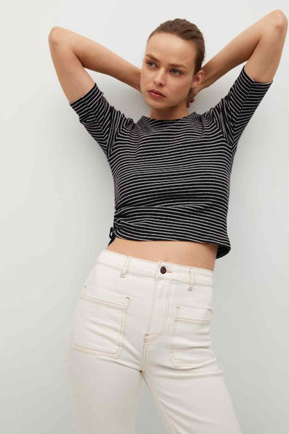 Black-and-white striped cropped T-shirt with short sleeves