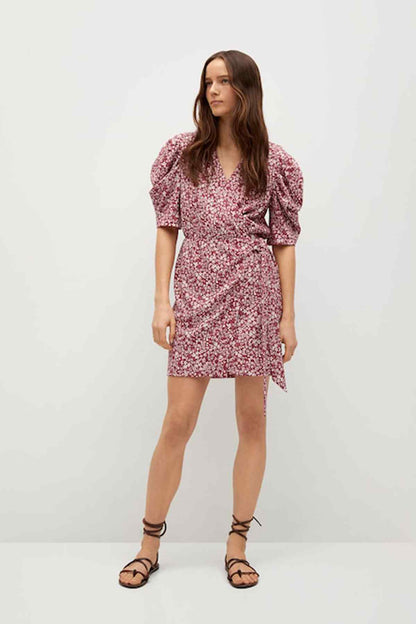 Maroon floral mini dress with V-neck, puff sleeves and tie belt