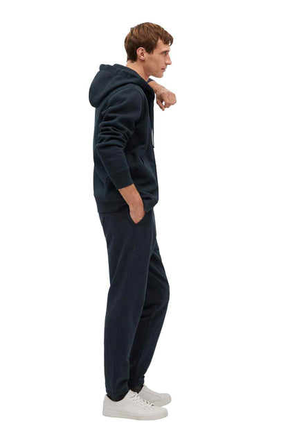 Dark navy jogger pants with side seam and tapered leg