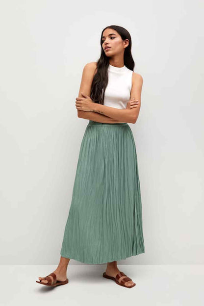 Aqua green pleated midi skirt with elastic waistband, front view