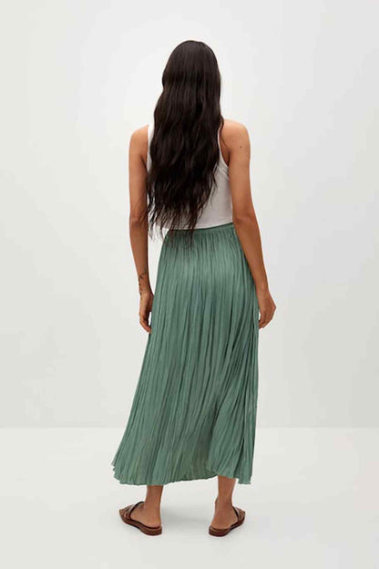 Aqua green pleated midi skirt with elastic waistband, back view