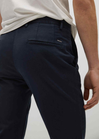 Men's navy chino pants with side pocket and subtle stitch detail