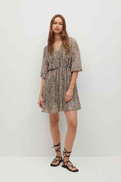 Green floral V-neck mini dress with three-quarter puff sleeves and elastic waist